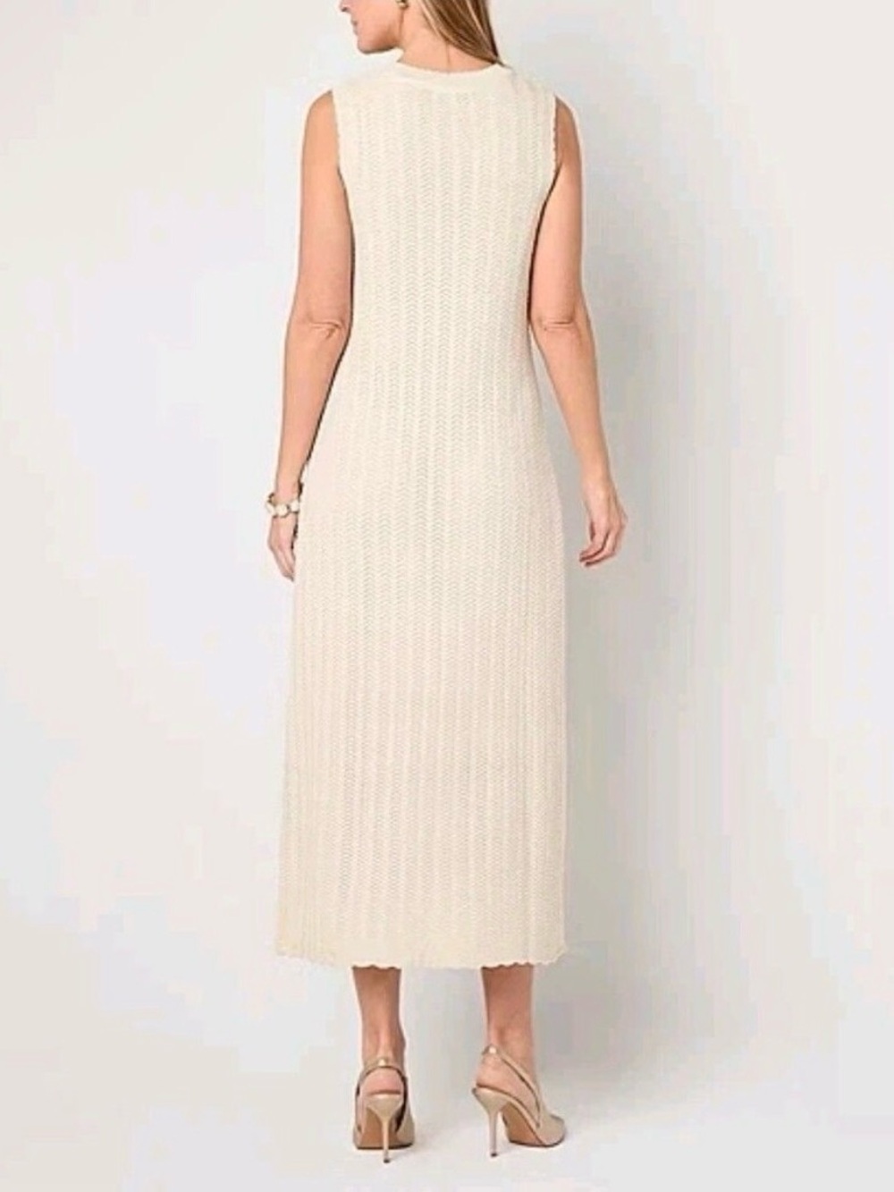 VTG 90’s White Cream Gold Woven Bodycon Knit Sleeveless Summer Maxi Dress Size L - Picture 4 of 8